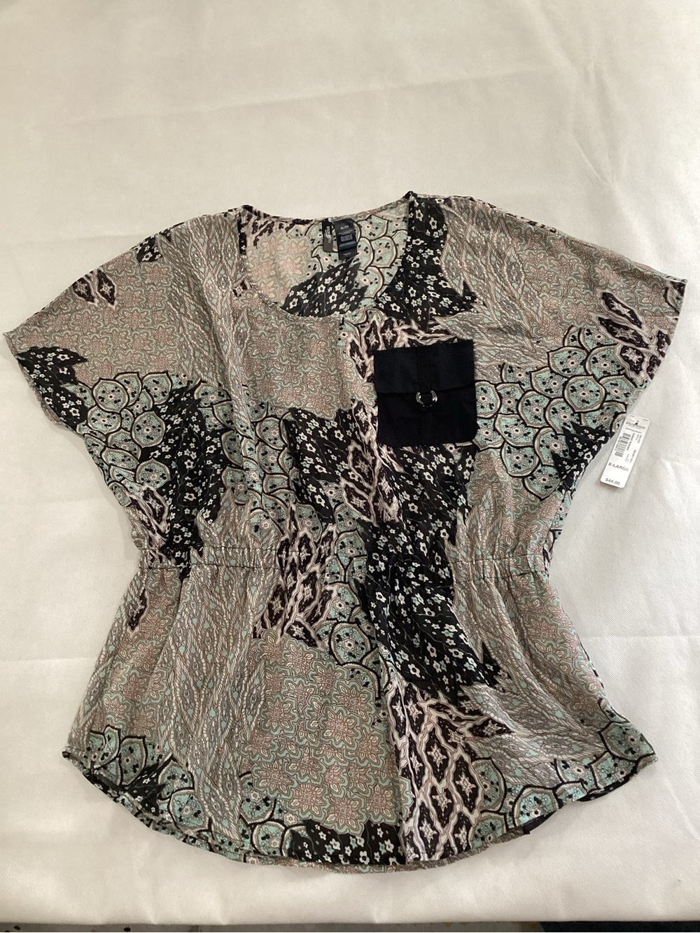 Bisou Bisou Black & Mint Patchwork Short-Sleeve Blouse size XL 9/20